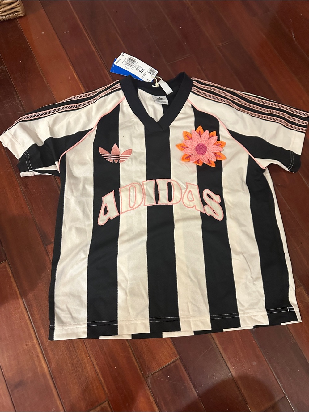 adidas Black & White Striped Kids Soccer-Style Tee with Pink Accents